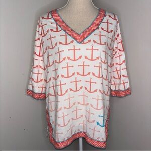 EcoAccents cotton tunic top coverup anchors nautical print peach white sz Medium